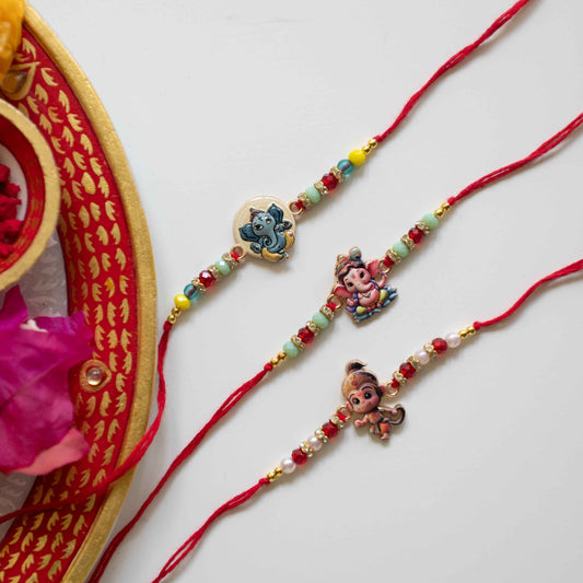 Set of 3 Hand Made Loard Ganesha & Little Hanuman Rakhis - Multicolor