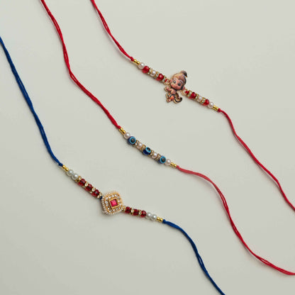 Set of 3 Rakhis, Little Hanuman, Evil Eye & Kundan Charm - Multicolor