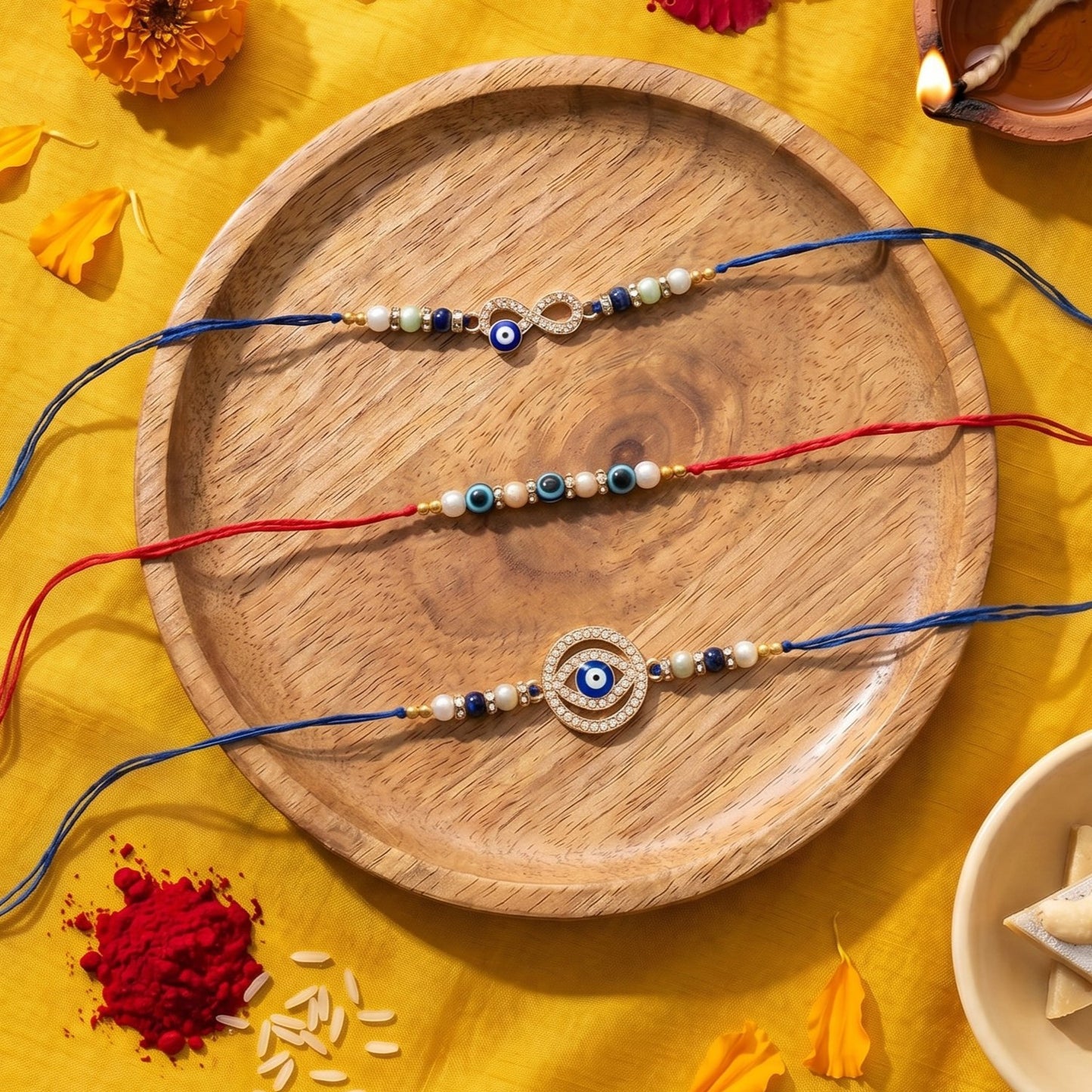 Set of 3 Rakhi-Evil Eye Beads- Blue