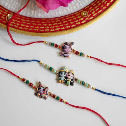 Ribbon Candy Set of 3 Rakhi-Handmade Lord Krishna Charm- Multicolor