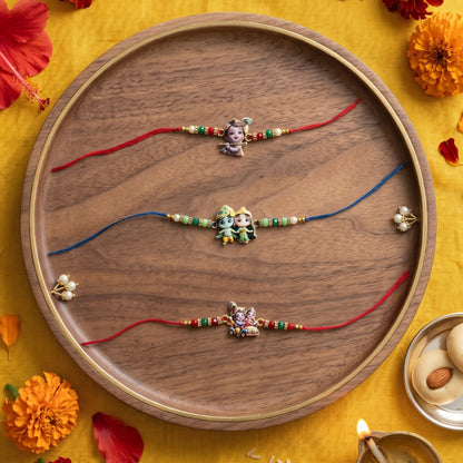 Ribbon Candy Set of 3 Rakhi-Handmade Lord Krishna Charm- Multicolor