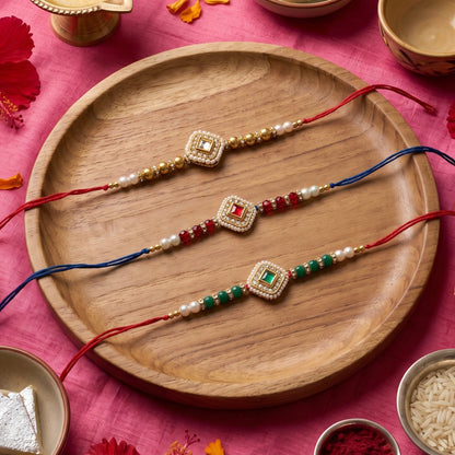 Ribbon Candy Set of 3 Rakhis-Handmade Kundan Charm- Pink, Green, Blue
