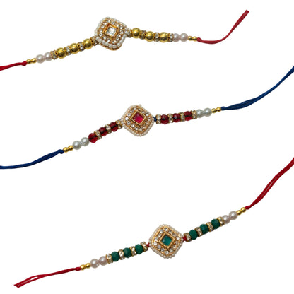 Ribbon Candy Set of 3 Rakhis-Handmade Kundan Charm- Pink, Green, Blue