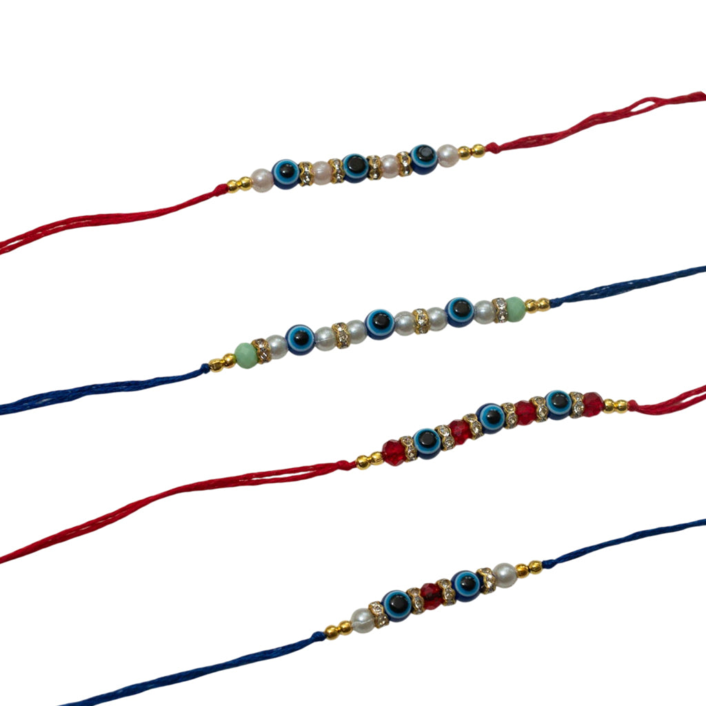 Ribbon Candy Set of 4 Rakhis-Handmade Evil Eye Beads- Blue, Red