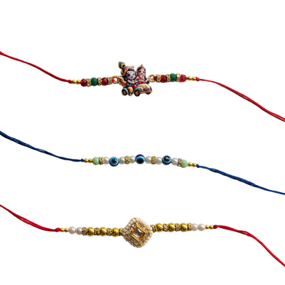 Ribbon Candy Set of 3 Rakhis-Radha Krishna, Kundan Charm and Evil Eye Beads - Multicolor