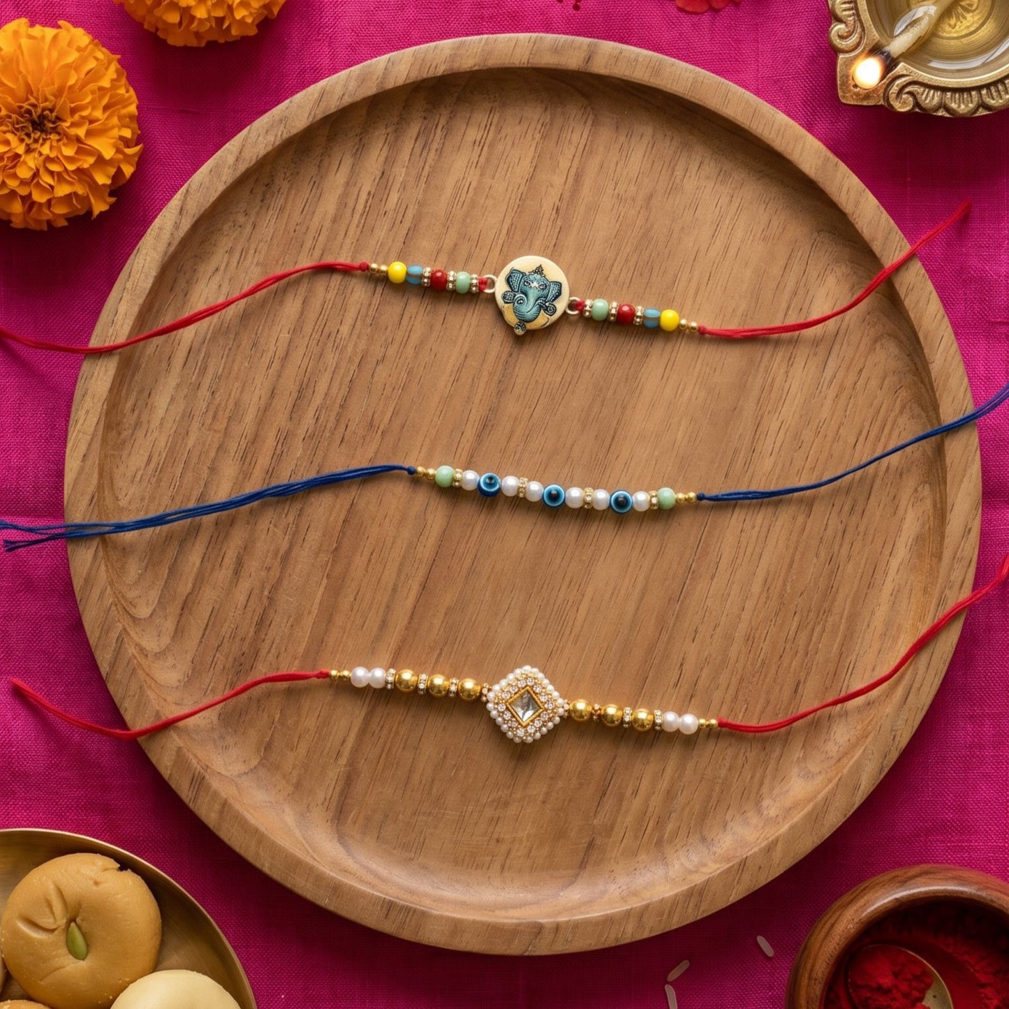Ribbon Candy Set of 3 Rakhis- Ganesha, Kundan Charm & Evil Eye Beads- Multicolor