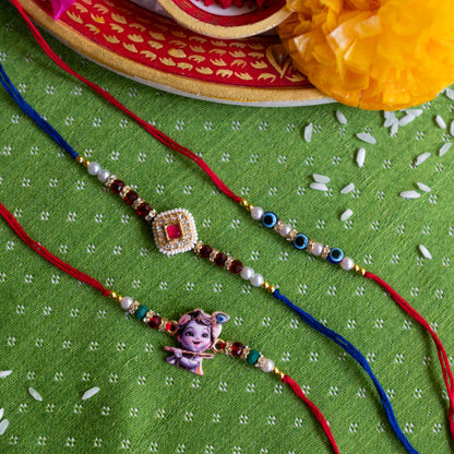 Ribbon Candy Set of 3 Rakhis-Krishna, Kundan Charm & Evil Eye Beads- Multicolor