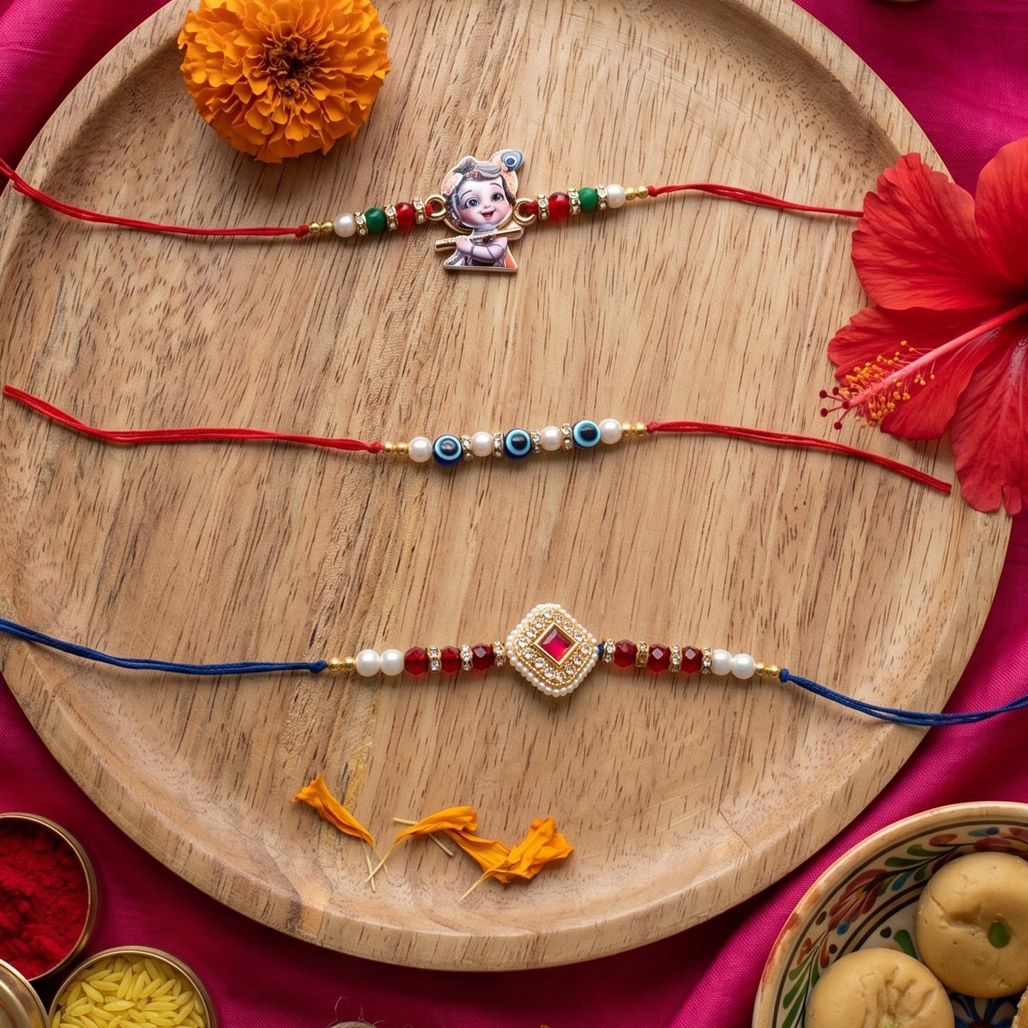 Ribbon Candy Set of 3 Rakhis-Krishna, Kundan Charm & Evil Eye Beads- Multicolor