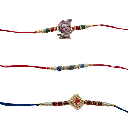 Ribbon Candy Set of 3 Rakhis-Krishna, Kundan Charm & Evil Eye Beads- Multicolor