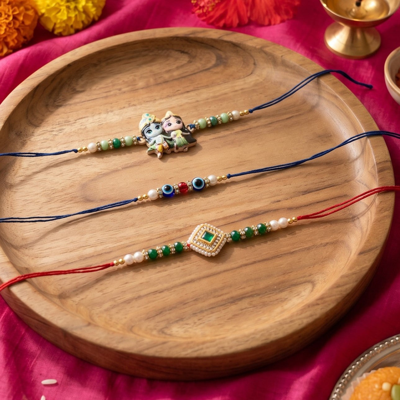 Ribbon Candy Set of 3 Rakhis-Radha Krishna,Kundan Charm & Evil Eye Beads - Blue, Red