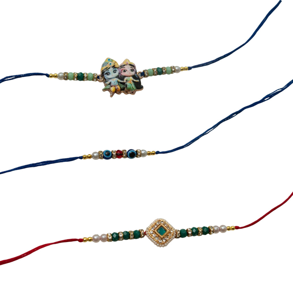 Ribbon Candy Set of 3 Rakhis-Radha Krishna,Kundan Charm & Evil Eye Beads - Blue, Red