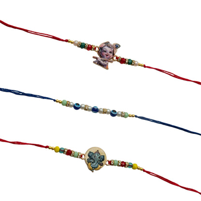 Ribbon Candy Set of 3 Rakhis-Ganesha, Krishna Charms & Evil Eye Beads - Multicolor