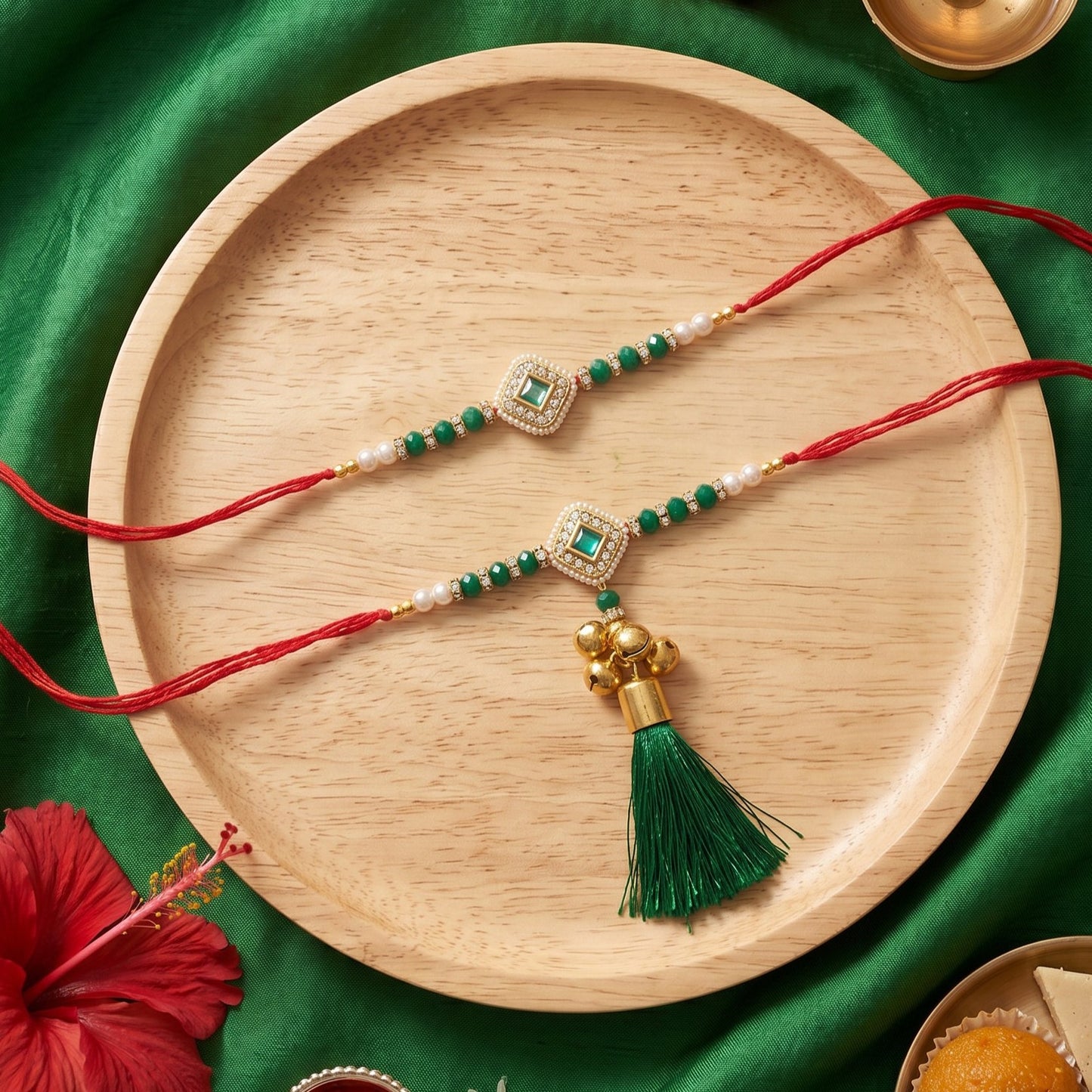 Ribbon Candy Set of 2 Rakhis-Bhai Bhabhi's kundan Charm- Green, Red