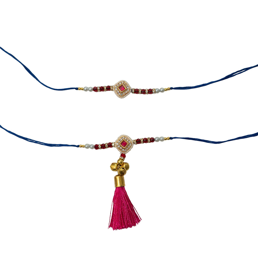 Ribbon Candy Set of 2 Rakhis-Bhai Bhabhi's kundan Charm B  - Pink, Blue