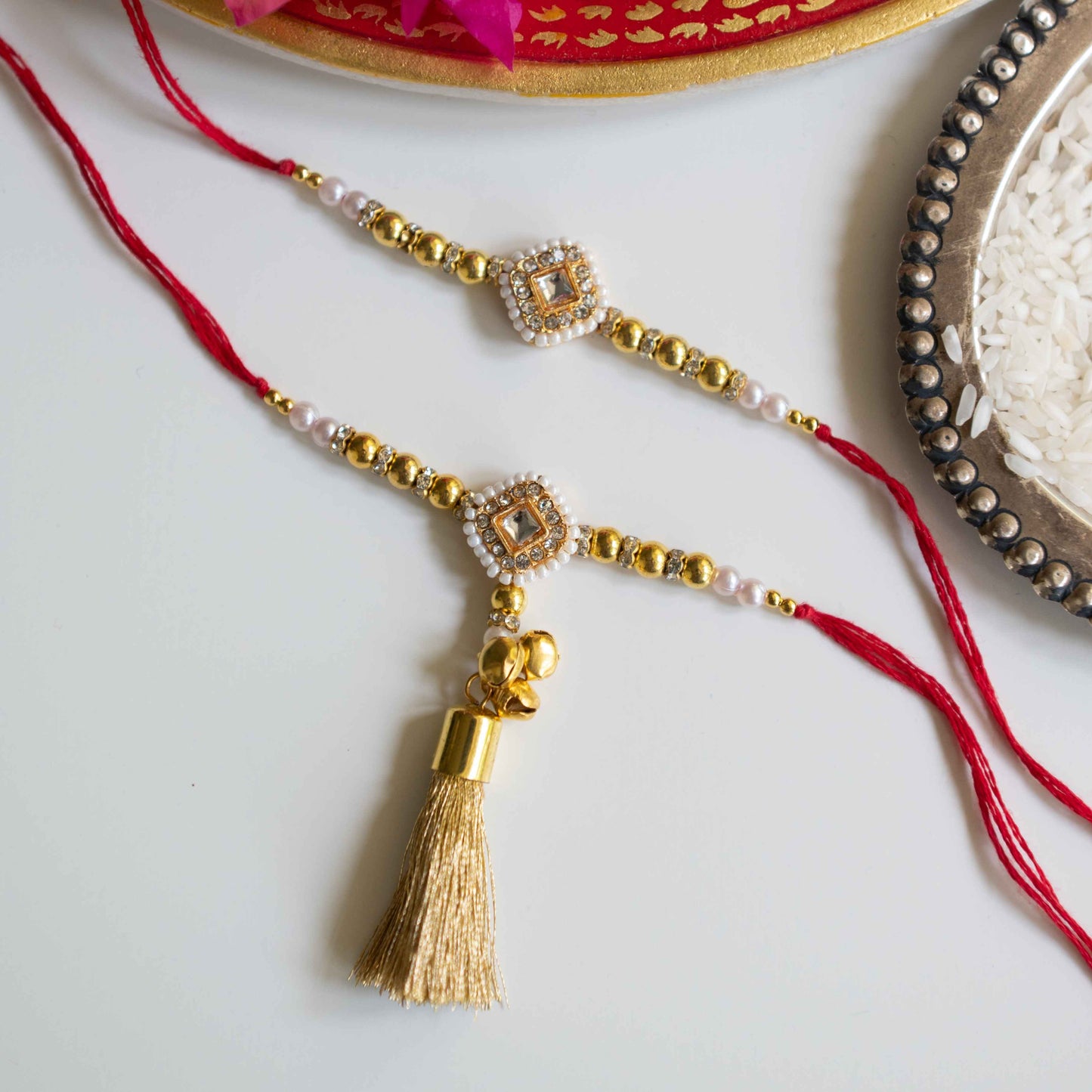 Ribbon Candy Set of 2 Rakhis-Bhai Bhabhi's Kundan Charm C  - Golden, Red