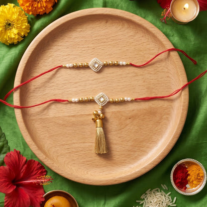 Ribbon Candy Set of 2 Rakhis-Bhai Bhabhi's Kundan Charm C  - Golden, Red