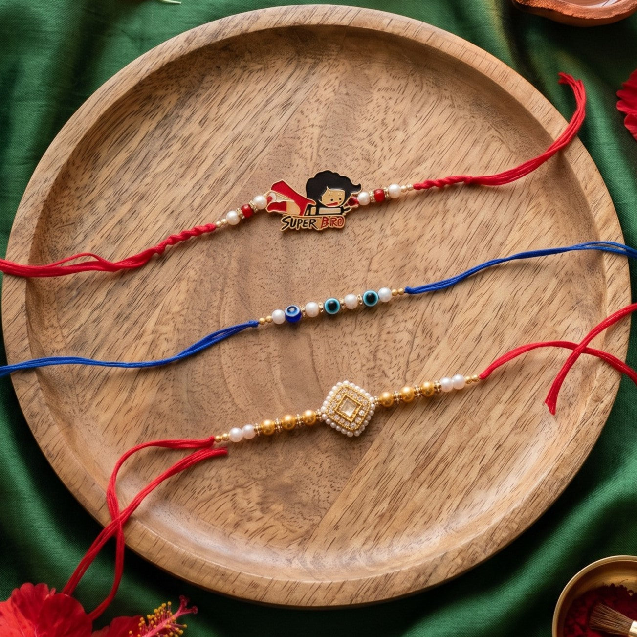 Ribbon Candy Set of 3 Rakhi-Kundann, Evil Eye, and 'Super Bro' Charm – Gold & Red
