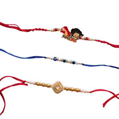 Ribbon Candy Set of 3 Rakhi-Kundann, Evil Eye, and 'Super Bro' Charm – Gold & Red