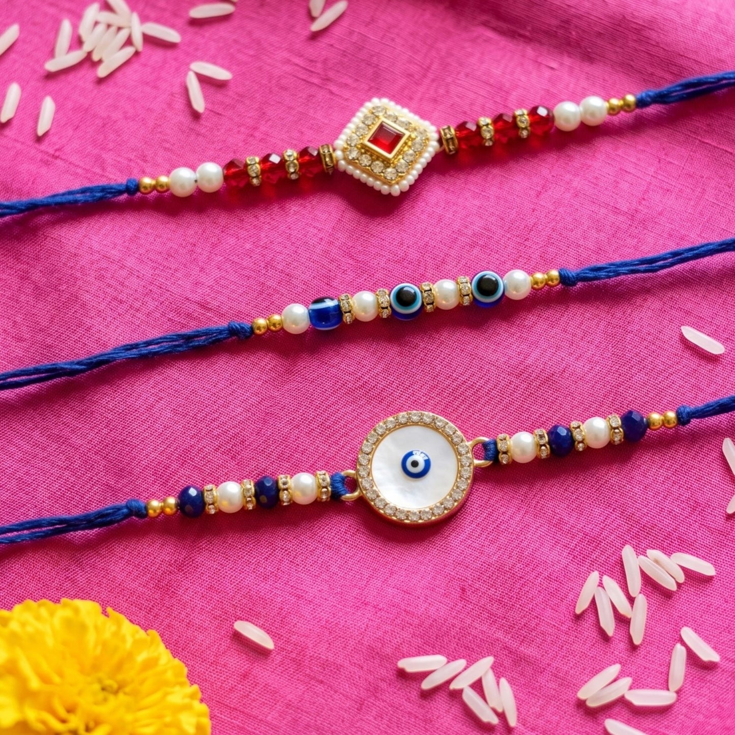 Ribbon Candy Set of 3 Rakhi-Kundan Charm with Evil Eye Beads – Blue