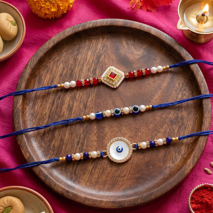 Ribbon Candy Set of 3 Rakhi-Kundan Charm with Evil Eye Beads – Blue