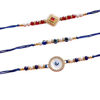 Ribbon Candy Set of 3 Rakhi-Kundan Charm with Evil Eye Beads – Blue