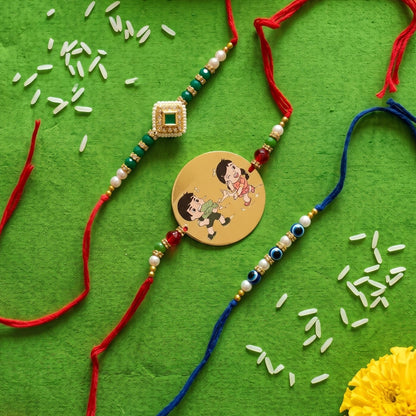 Ribbon Candy Set of 3 Rakhi-Metal, Kundan Charm and Evil Eye Bead– Red & Blue