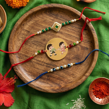Ribbon Candy Set of 3 Rakhi-Metal, Kundan Charm and Evil Eye Bead– Red & Blue