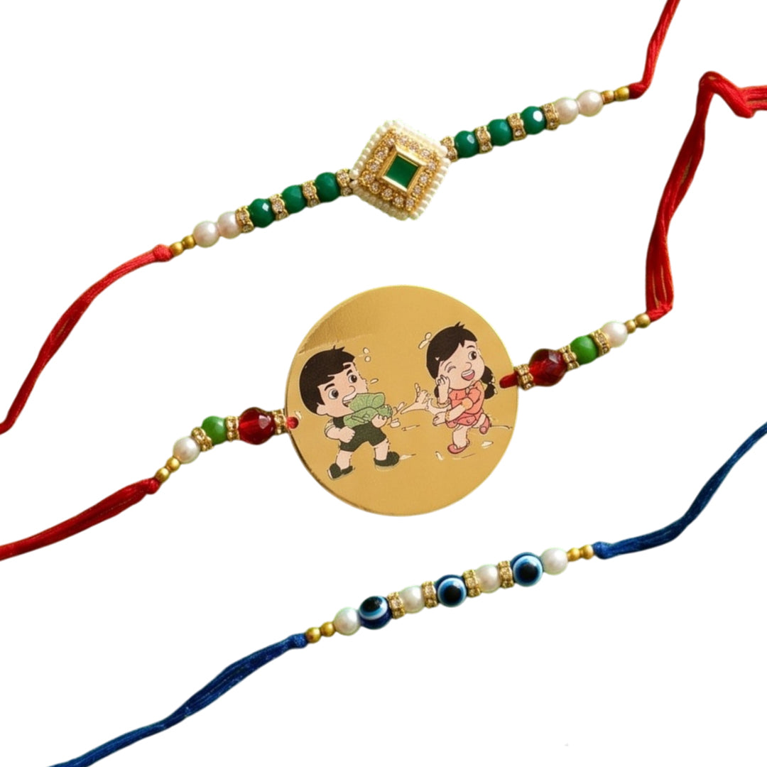 Ribbon Candy Set of 3 Rakhi-Metal, Kundan Charm and Evil Eye Bead– Red & Blue