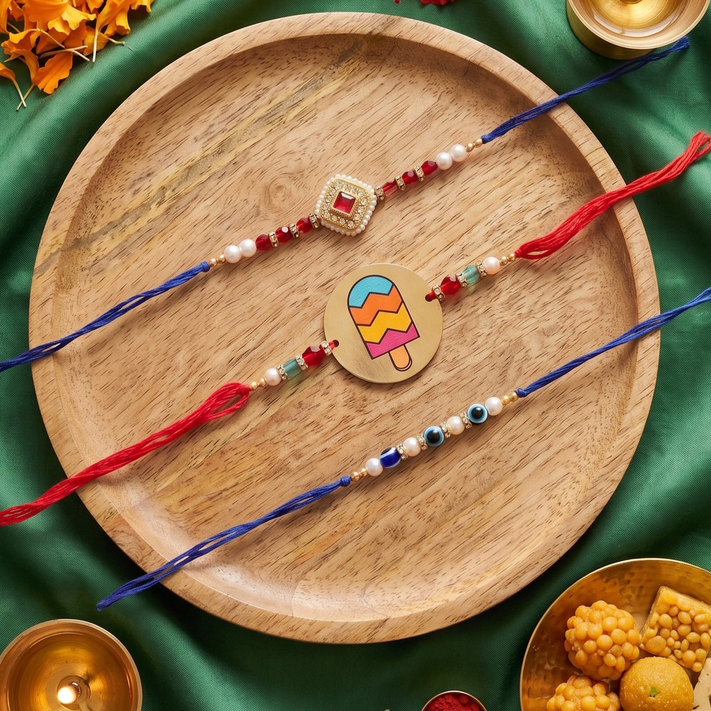 Ribbon Candy Set of 3 Rakhi-Metal, Kundan Charm & Evil Eye Beads– Red & Blue