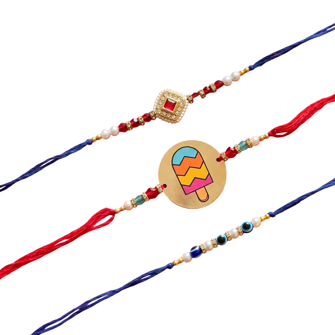 Ribbon Candy Set of 3 Rakhi-Metal, Kundan Charm & Evil Eye Beads– Red & Blue
