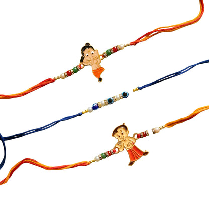 Ribbon Candy – Set of 3 Rakhis-Chota Bheem Charm, Ganesha Charm, and Evil Eye Beads – Blue, Orange & Yellow