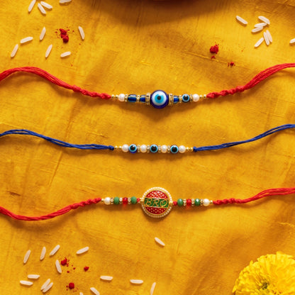 Ribbon Candy Set of 2 Rakhis- 'Bro' Charm Rakhis & Evil Eye Beads – Blue & Red
