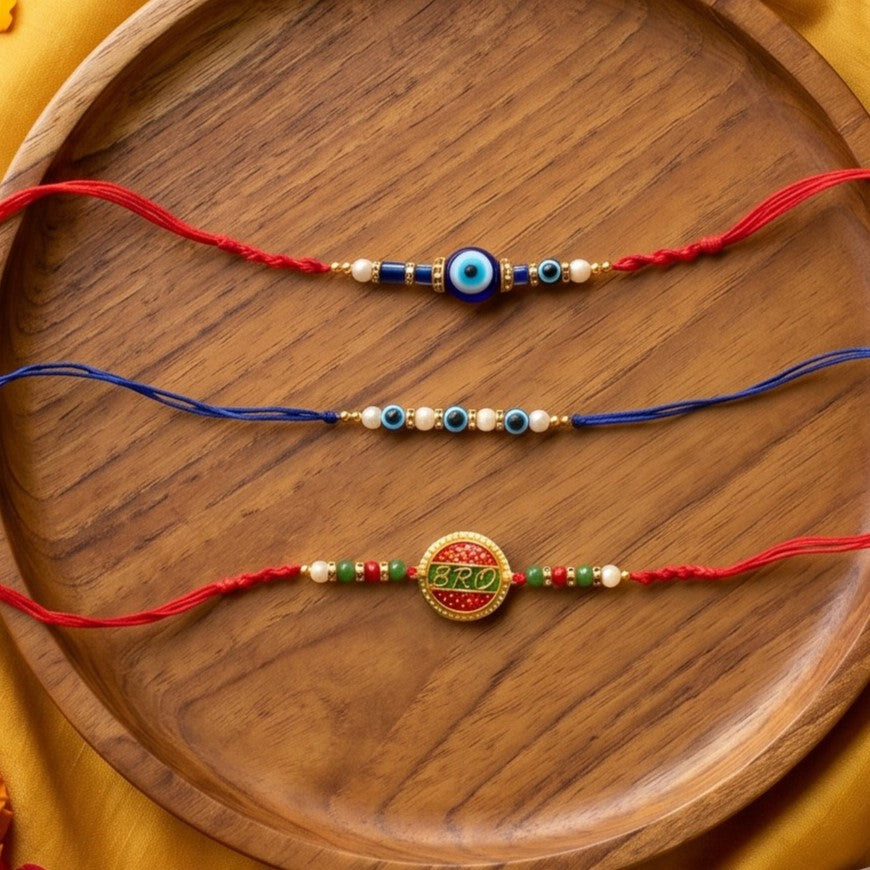 Ribbon Candy Set of 2 Rakhis- 'Bro' Charm Rakhis & Evil Eye Beads – Blue & Red