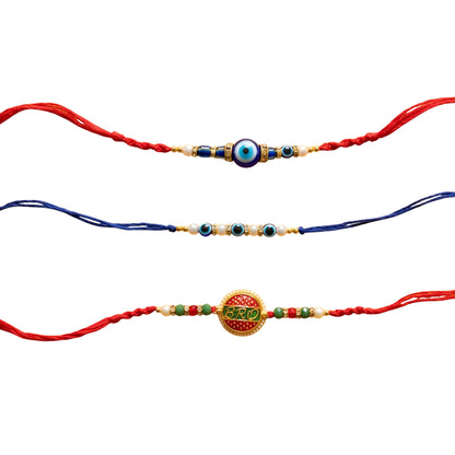 Ribbon Candy Set of 2 Rakhis- 'Bro' Charm Rakhis & Evil Eye Beads – Blue & Red