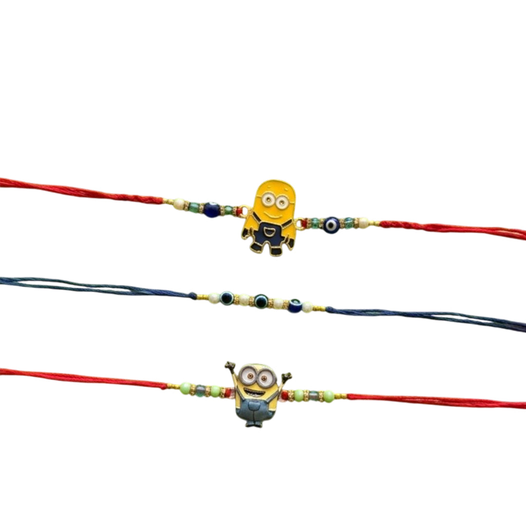 Ribbon Candy Set of 3 Rakhis-Cartoon Charms & Evil Eye Beads– Red & Blue