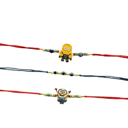 Ribbon Candy Set of 3 Rakhis-Cartoon Charms & Evil Eye Beads– Red & Blue
