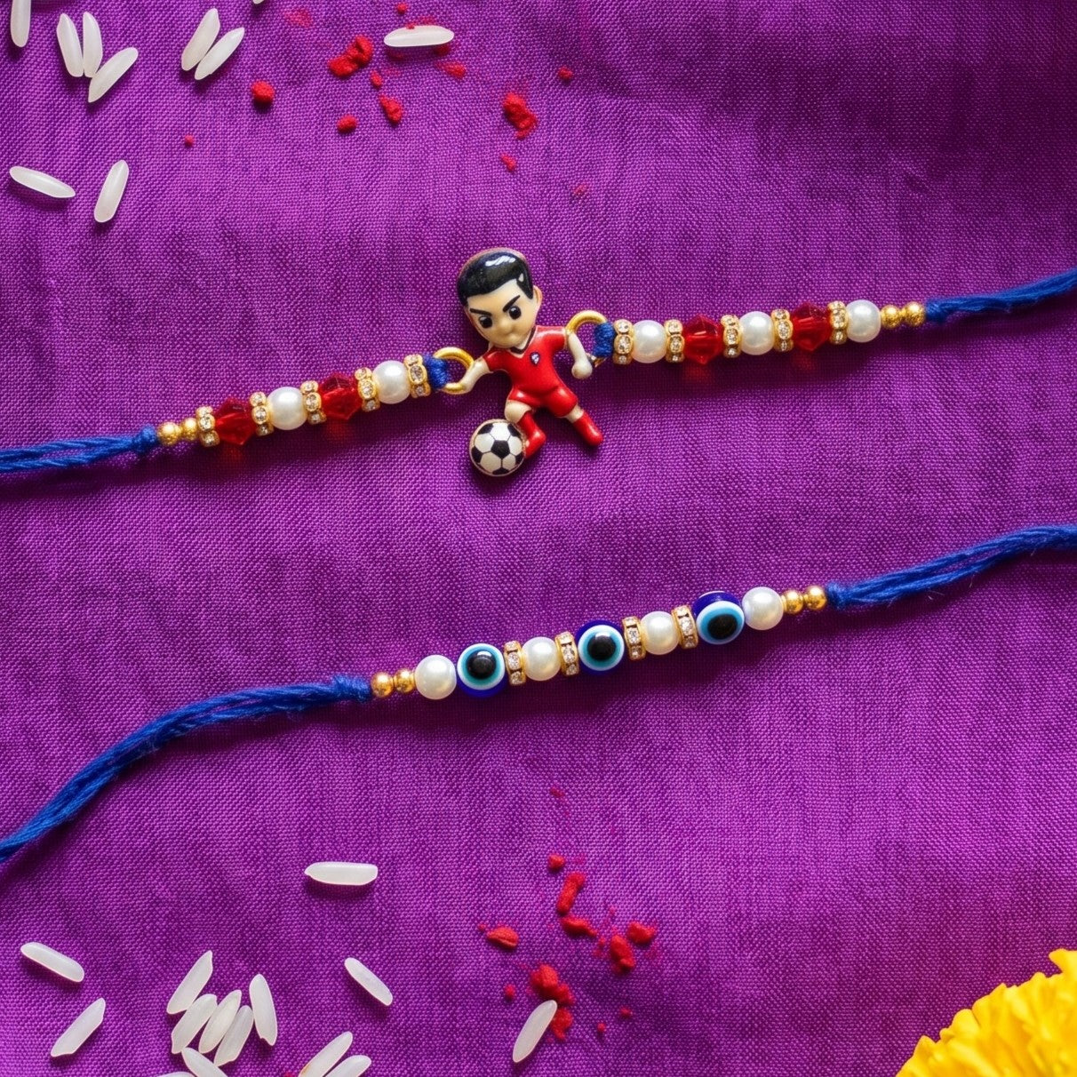 Ribbon Candy set of 2 Rakhis-Football player and Evil Eye Beads - Red, Blue