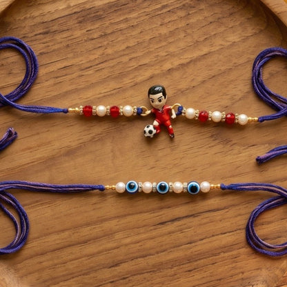 Ribbon Candy set of 2 Rakhis-Football player and Evil Eye Beads - Red, Blue