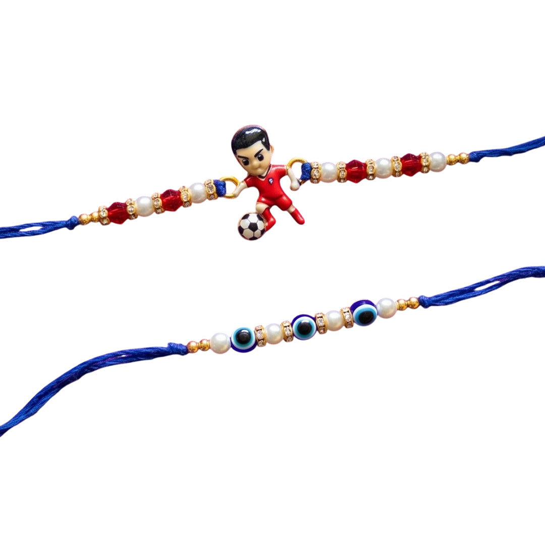 Ribbon Candy set of 2 Rakhis-Football player and Evil Eye Beads - Red, Blue