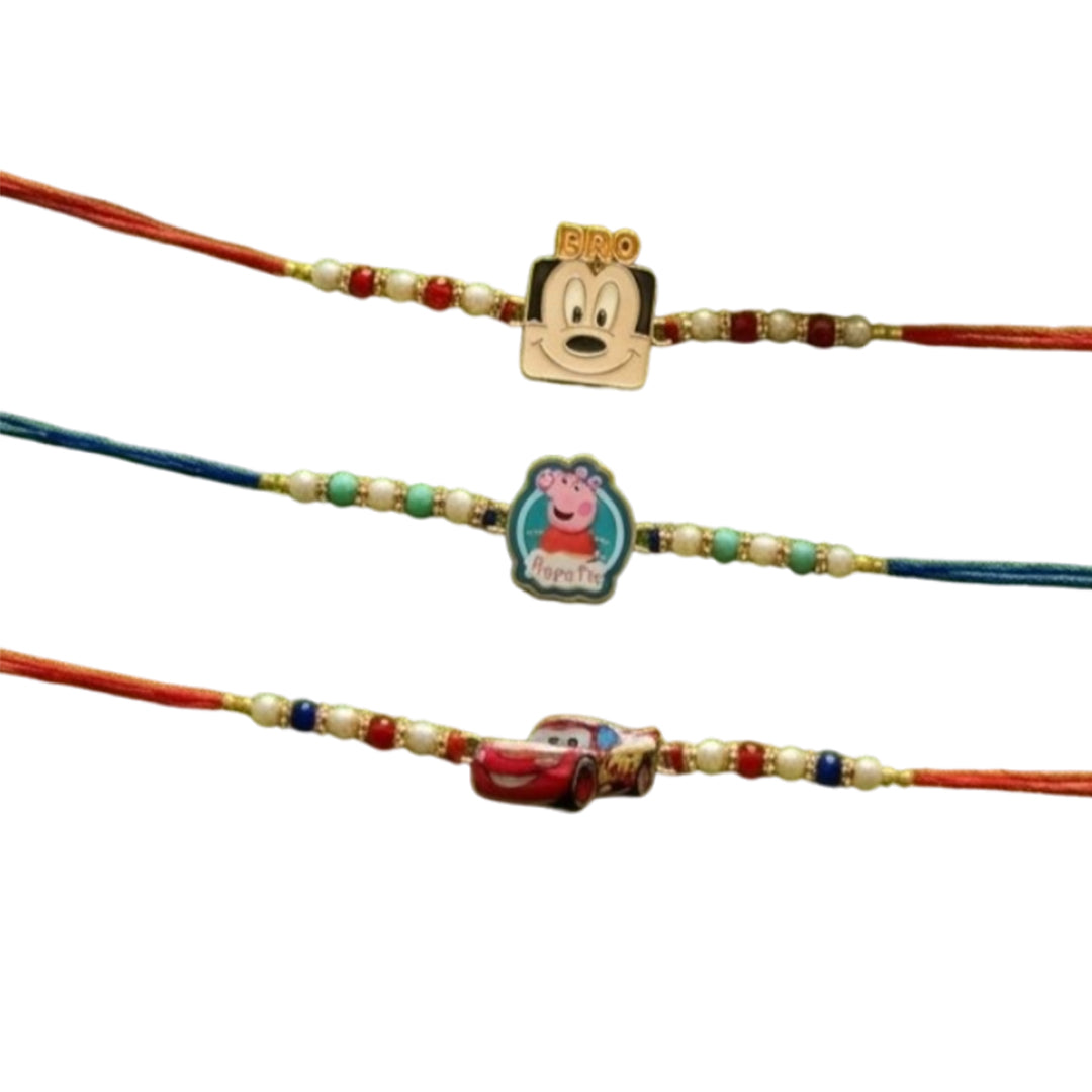 Ribbon Candy set of 3 Rakhi-Cartoons & a Car Charms- Blue, Red