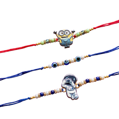 Ribbon Candy set of 3 Rakhi-Cartoon, Astronaut Charms and Evil Eye Beads- Blue, Red