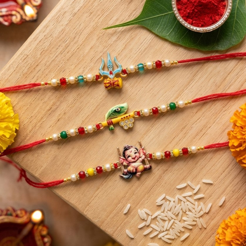 Ribbon Candy Set of 3 Rakhi-Handmade Lord Ganesha, Trishul and Peacock Feather Charms- Red