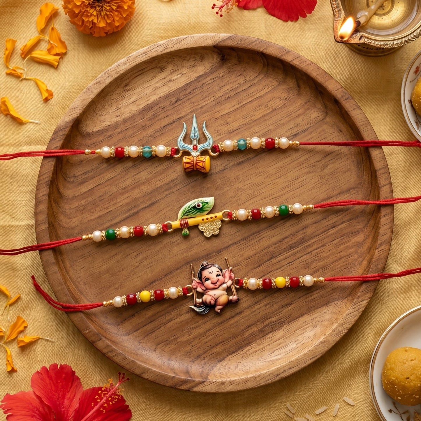 Ribbon Candy Set of 3 Rakhi-Handmade Lord Ganesha, Trishul and Peacock Feather Charms- Red
