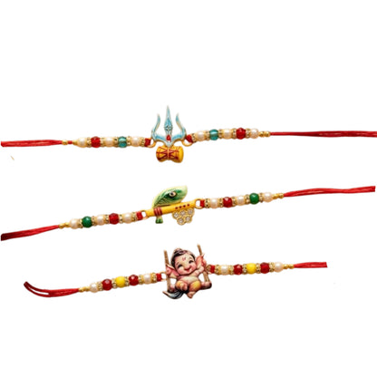 Ribbon Candy Set of 3 Rakhi-Handmade Lord Ganesha, Trishul and Peacock Feather Charms- Red