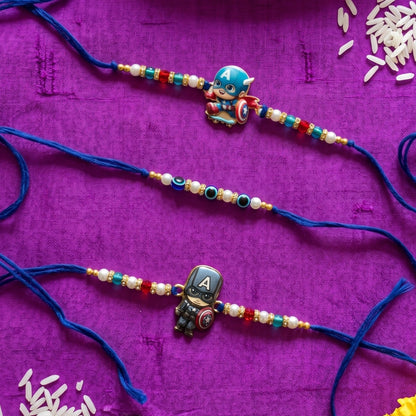 Ribbon Candy set of 3 Rakhi-Cartoon Charms and Evil Eye Beads- Blue