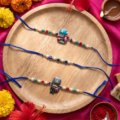 Ribbon Candy set of 3 Rakhi-Cartoon Charms and Evil Eye Beads- Blue