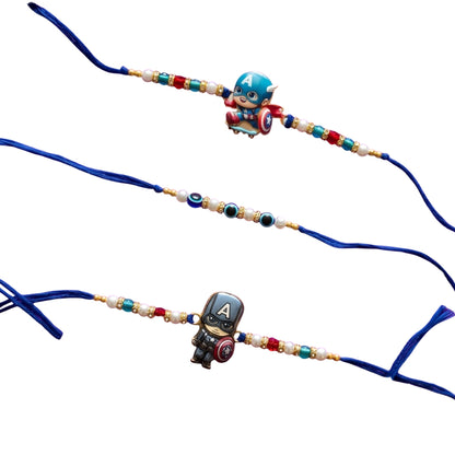 Ribbon Candy set of 3 Rakhi-Cartoon Charms and Evil Eye Beads- Blue