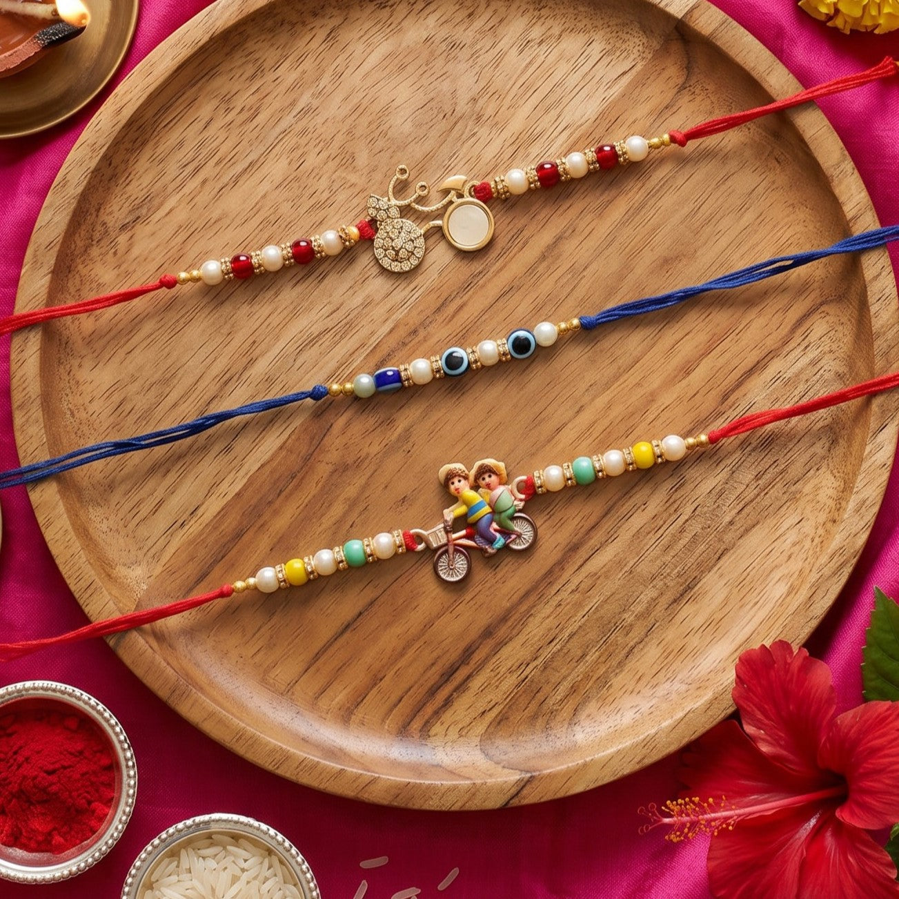 Ribbon Candy set of 3 Rakhi-Cartoon Charms and Evil Eye Beads- Blue, Red