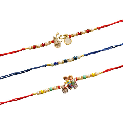 Ribbon Candy set of 3 Rakhi-Cartoon Charms and Evil Eye Beads- Blue, Red