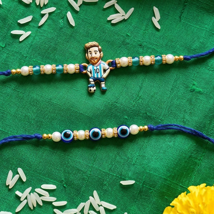 Ribbon Candy set of 2 Rakhi-Football Player Charm and Evil Eye Beads- Blue